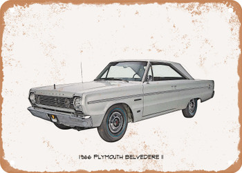 1966 Plymouth Belvedere II Pencil Sketch - Rusty Look Metal Sign
