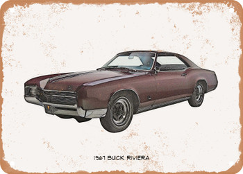 1967 Buick Riviera Pencil Sketch - Rusty Look Metal Sign