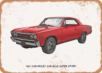 1967 Chevrolet Chevelle Super Sport Pencil Sketch - Rusty Look Metal Sign