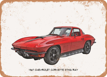 1967 Chevrolet Corvette Sting Ray Pencil Sketch - Rusty Look Metal Sign