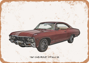 1967 Chevrolet Impala SS Pencil Sketch - Rusty Look Metal Sign