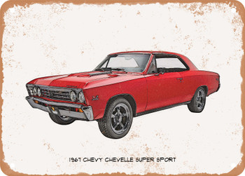 1967 Chevy Chevelle Super Sport Pencil Sketch - Rusty Look Metal Sign