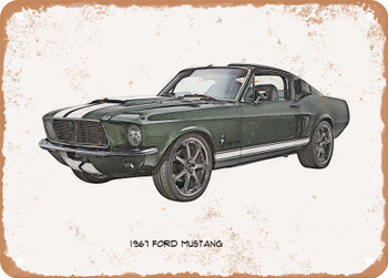 1967 Ford Mustang Fast And Furious Pencil Sketch - Rusty Look Metal Sign