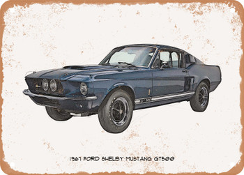 1967 Ford Shelby Mustang GT500 Pencil Sketch - Rusty Look Metal Sign