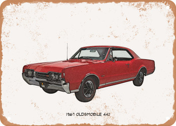 1967 Oldsmobile 442 Pencil Sketch - Rusty Look Metal Sign