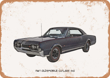 1967 Oldsmobile Cutlass 442 Pencil Sketch - Rusty Look Metal Sign