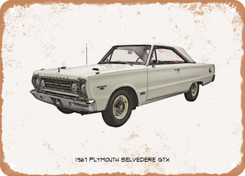 1967 Plymouth Belvedere GTX Pencil Sketch   - Rusty Look Metal Sign