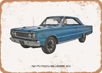 1967 Plymouth Belvedere GTX Pencil Sketch  -  Rusty Look Metal Sign