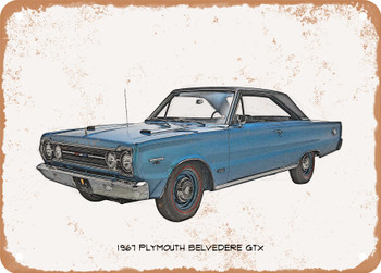 1967 Plymouth Belvedere GTX Pencil Sketch  - Rusty Look Metal Sign