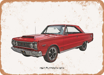 1967 Plymouth GTX Pencil Sketch  - Rusty Look Metal Sign