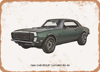 1968 Chevrolet Camaro RS SS Pencil Sketch - Rusty Look Metal Sign