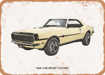 1968 Chevrolet Camaro Pencil Sketch - Rusty Look Metal Sign
