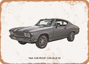 1968 Chevrolet Chevelle SS Pencil Sketch - Rusty Look Metal Sign