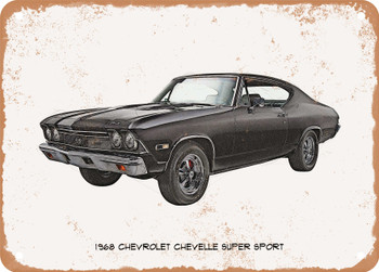 1968 Chevrolet Chevelle Super Sport Pencil Sketch - Rusty Look Metal Sign