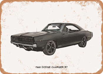 1968 Dodge Charger RT Pencil Sketch - Rusty Look Metal Sign