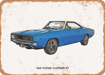 1968 Dodge Charger RT Pencil Sketch  - Rusty Look Metal Sign