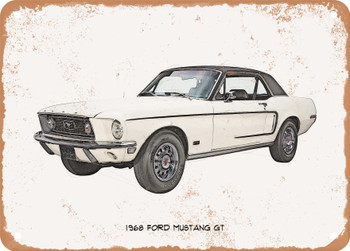 1968 Ford Mustang GT Pencil Sketch  - Rusted Look Metal Sign