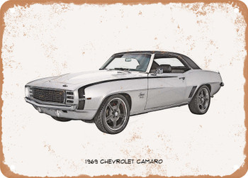 1969 Chevrolet Camaro Pencil Sketch   -  Rusty Look Metal Sign