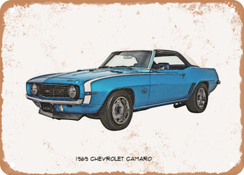 1969 Chevrolet Camaro And Pencil Sketch - Rusty Look Metal Sign