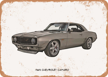 1969 Chevrolet Camaro Pencil Sketch 3 - Rusty Look Metal Sign