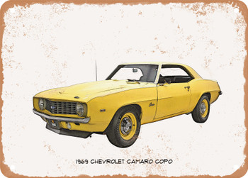 1969 Chevrolet Camaro COPO Pencil Sketch - Rusty Look Metal Sign