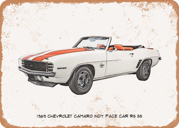 1969 Chevrolet Camaro Indy Pace Car RS SS Pencil Sketch  - Rusty Look Metal Sign