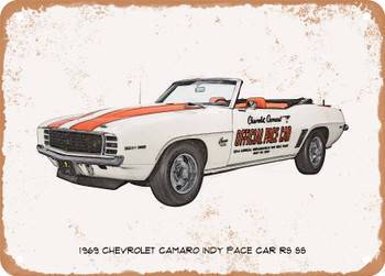 1969 Chevrolet Camaro Indy Pace Car RS SS Pencil Sketch - Rusty Look Metal Sign