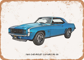 1969 Chevrolet Camaro RS SS Pencil Sketch  - Rusty Look Metal Sign