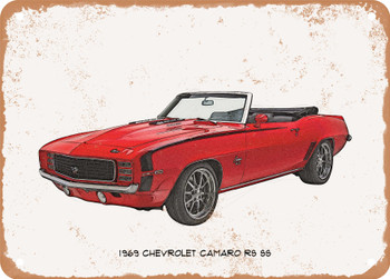 1969 Chevrolet Camaro RS SS Pencil Sketch - Rusty Look Metal Sign