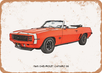 1969 Chevrolet Camaro SS Pencil Sketch    - Rusty Look Metal Sign