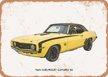 1969 Chevrolet Camaro SS Pencil Sketch - Rusty Look Metal Sign