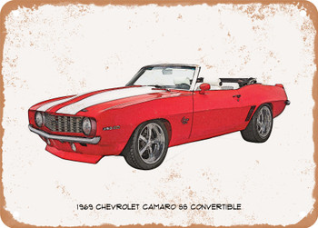 1969 Chevrolet Camaro SS Convertible Pencil Sketch - Rusty Look Metal Sign