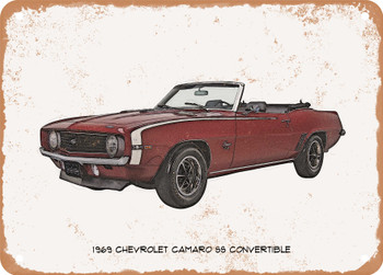 1969 Chevrolet Camaro SS Convertible Pencil Sketch  - Rusty Look Metal Sign