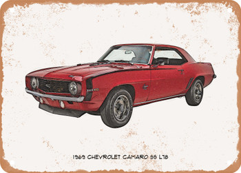 1969 Chevrolet Camaro SS L78 Pencil Sketch  - Rusty Look Metal Sign