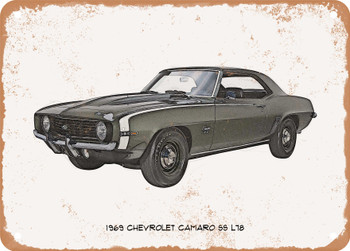 1969 Chevrolet Camaro SS L78 Pencil Sketch - Rusty Look Metal Sign