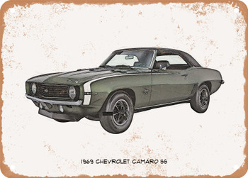 1969 Chevrolet Camaro SS Pencil Sketch  - Rusty Look Metal Sign