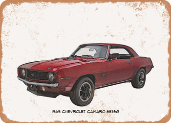 1969 Chevrolet Camaro SS350 Pencil Sketch - Rusty Look Metal Sign