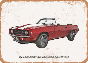 1969 Chevrolet Camaro SS350 Convertible Pencil Sketch - Rusty Look Metal Sign