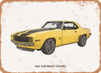 1969 Chevrolet Camaro Pencil Sketch  2 -  Rusty Look Metal Sign