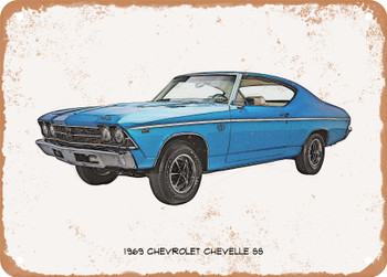 1969 Chevrolet Chevelle SS Pencil Sketch - Rusty Look Metal Sign