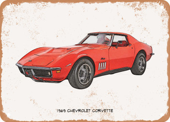 1969 Chevrolet Corvette Pencil Sketch -  Rusty Look Metal Sign