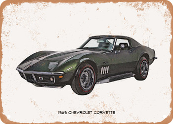 1969 Chevrolet Corvette Pencil Sketch  - Rusted Look Metal Sign