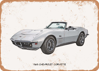 1969 Chevrolet Corvette Pencil Sketch - Rusty Look Metal Sign