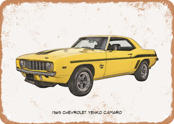 1969 Chevrolet Yenko Camaro Pencil Sketch - Rusty Look Metal Sign
