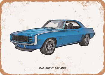 1969 Chevy Camaro Pencil Sketch - Rusty Look Metal Sign