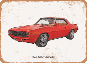 1969 Chevy Camaro Pencil Sketch  - Rusty Look Metal Sign