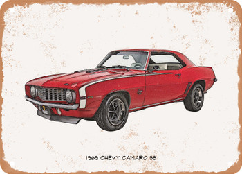 1969 Chevy Camaro SS Pencil Sketch - Rusty Look Metal Sign