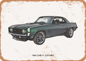 1969 Chevy Camaro Pencil Sketch   - Rusty Look Metal Sign