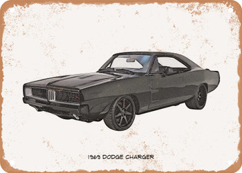 1969 Dodge Charger Pencil Sketch - Rusty Look Metal Sign