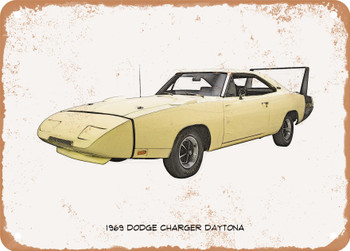 1969 Dodge Charger Daytona Pencil Sketch - Rusty Look Metal Sign